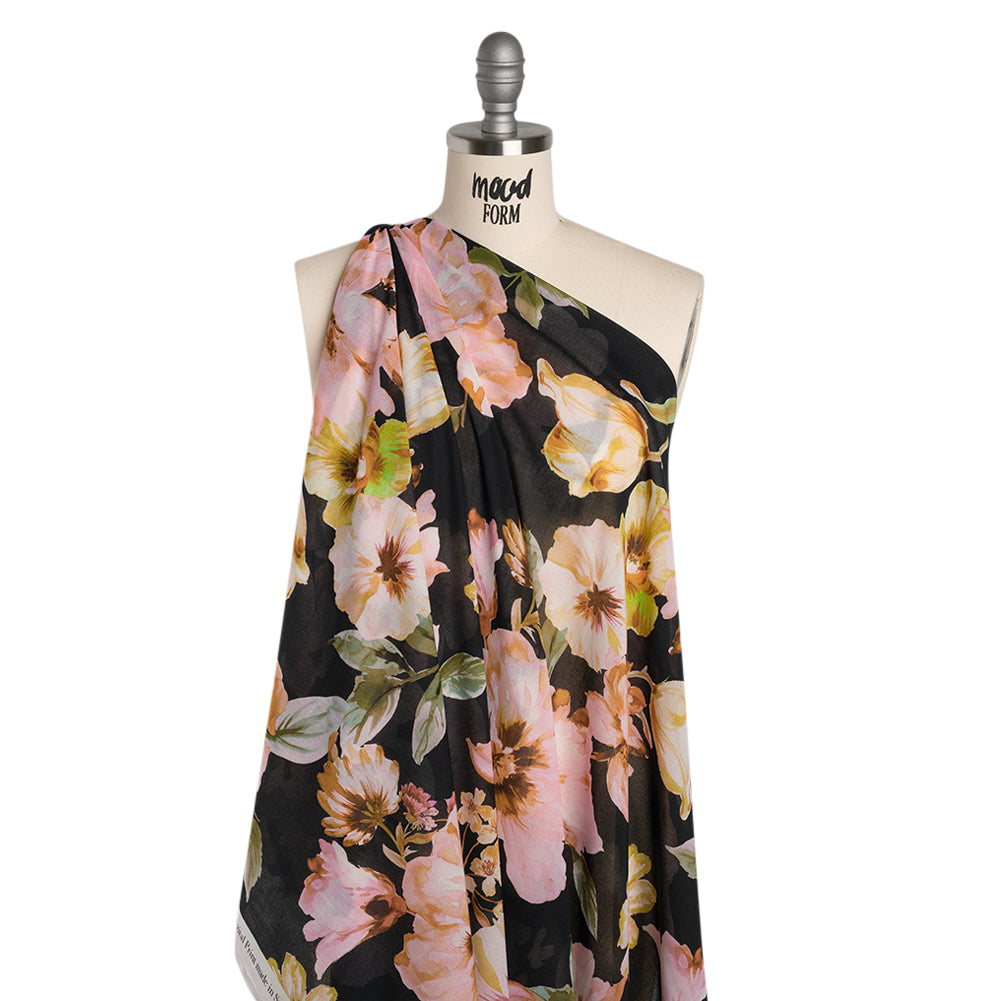 Cotton Voile - Light Pink, Green and Black Watercolor Florals - Mood Exclusive Blooming Bouquets Print Folded