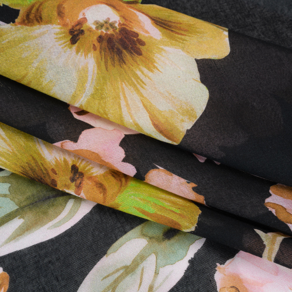 Cotton Voile - Light Pink, Green and Black Watercolor Florals - Mood Exclusive Blooming Bouquets Print Detail