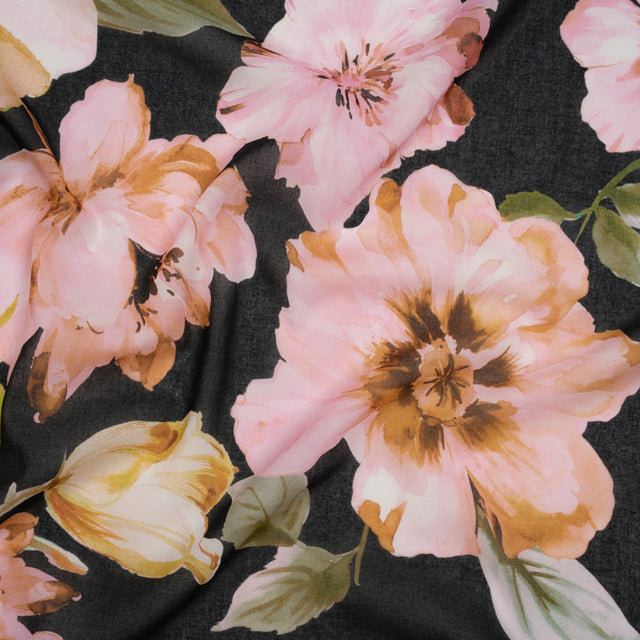 Cotton Voile - Light Pink, Green and Black Watercolor Florals - Mood Exclusive Blooming Bouquets Print Drape