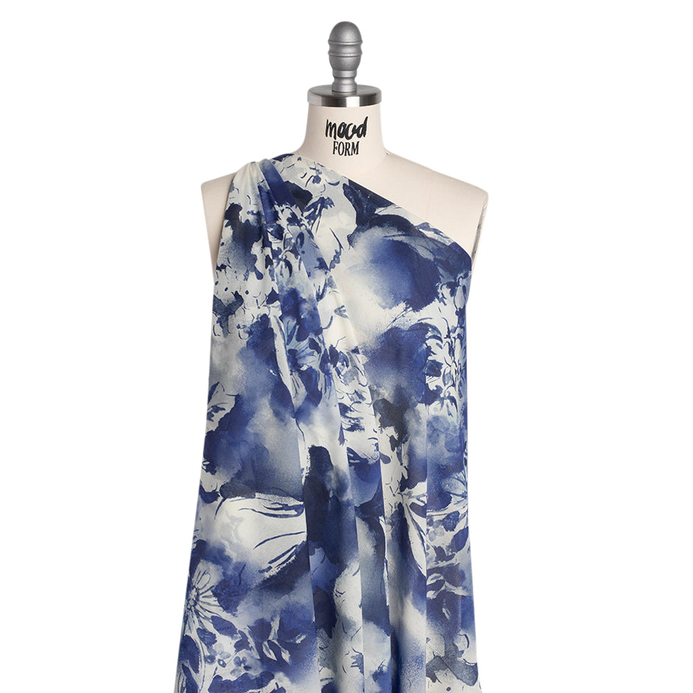 Cotton Voile - Dark Blue and White Watercolor Flowers - Mood Exclusive Inkblot Inspirations Print