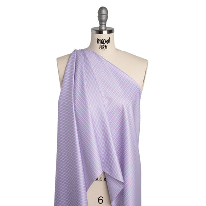 Tela de camisa de sarga de algodón fabricada en Italia - Rayas lavanda, blancas y azul marino - Nuevo stock