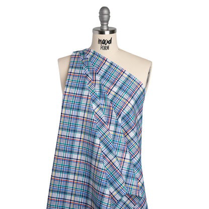 Cotton Twill Shirting - Navy, White and Multicolor Plaid - Deadstock