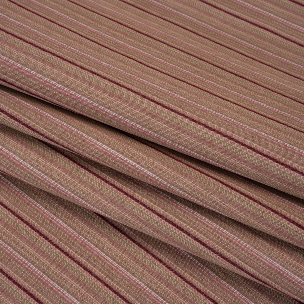 Brushed Stretch Cotton Twill - Taupe, Rose Pink and Berry Red Stripes - Deadstock