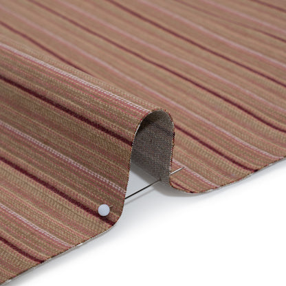 Brushed Stretch Cotton Twill - Taupe, Rose Pink and Berry Red Stripes - Deadstock