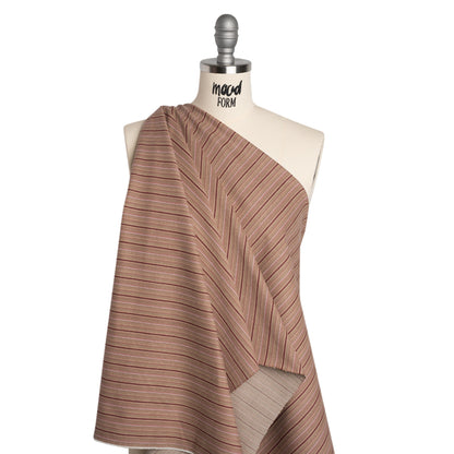 Brushed Stretch Cotton Twill - Taupe, Rose Pink and Berry Red Stripes - Deadstock
