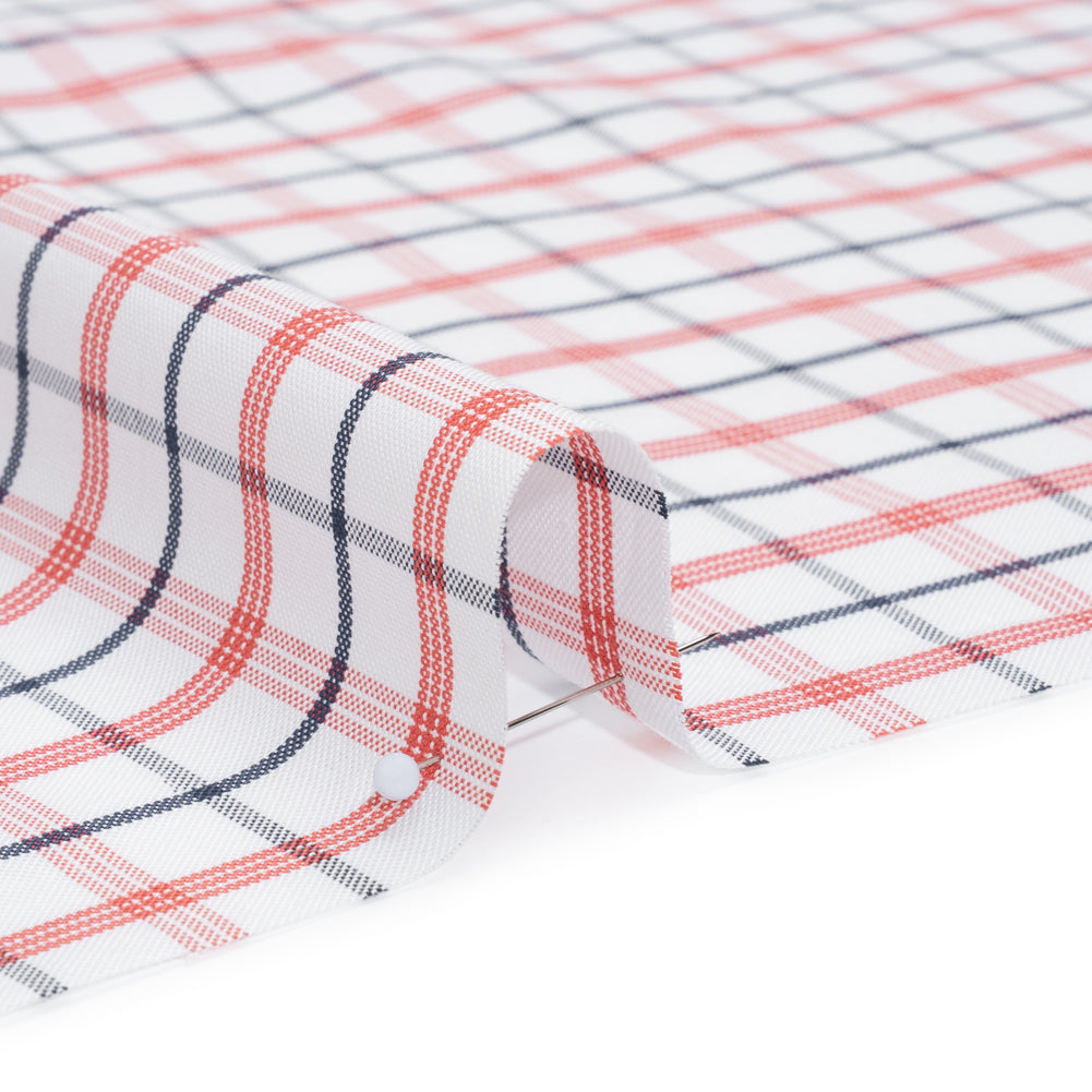 Pima Cotton Oxford Shirting - Red, Navy and White Plaid - Deadstock - Detail