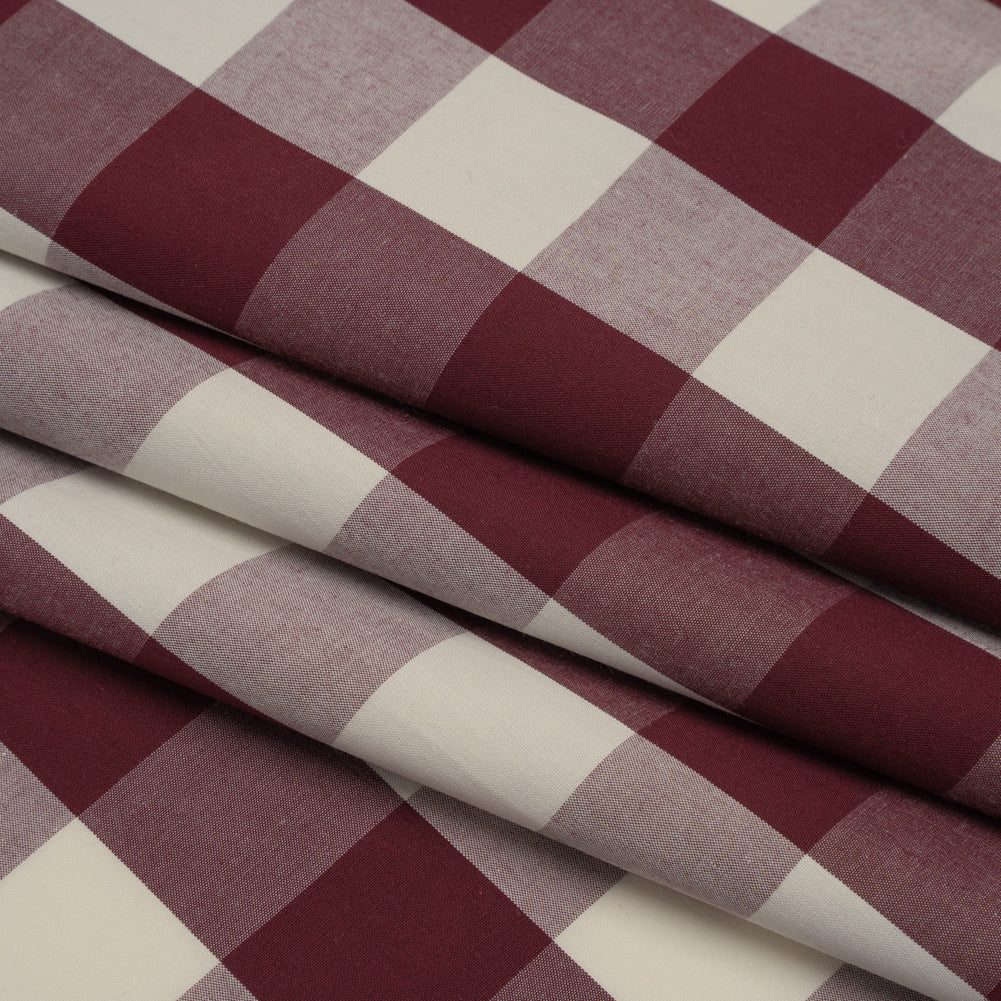 Cotton Shirting - Burgundy and Cream Buffalo Check - Deadstock