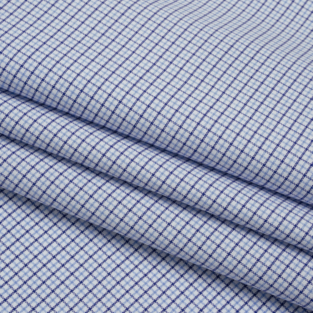 Cotton Oxford Shirting - Navy, Sky Blue and White Tattersall Check - Deadstock