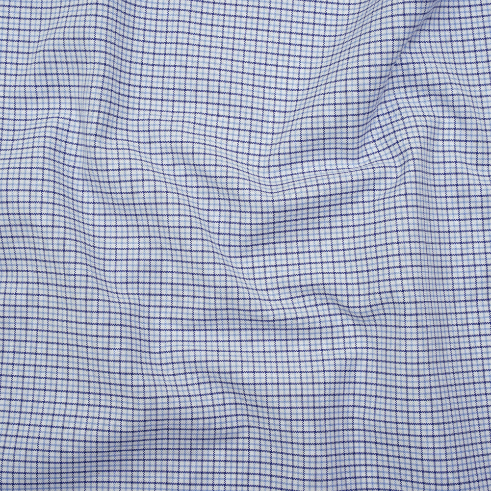 Cotton Oxford Shirting - Navy, Sky Blue and White Tattersall Check - Deadstock