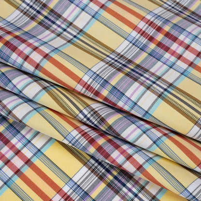 Cotton Twill Shirting - Butter Yellow, Brown and Blue Plaid - Deadstock