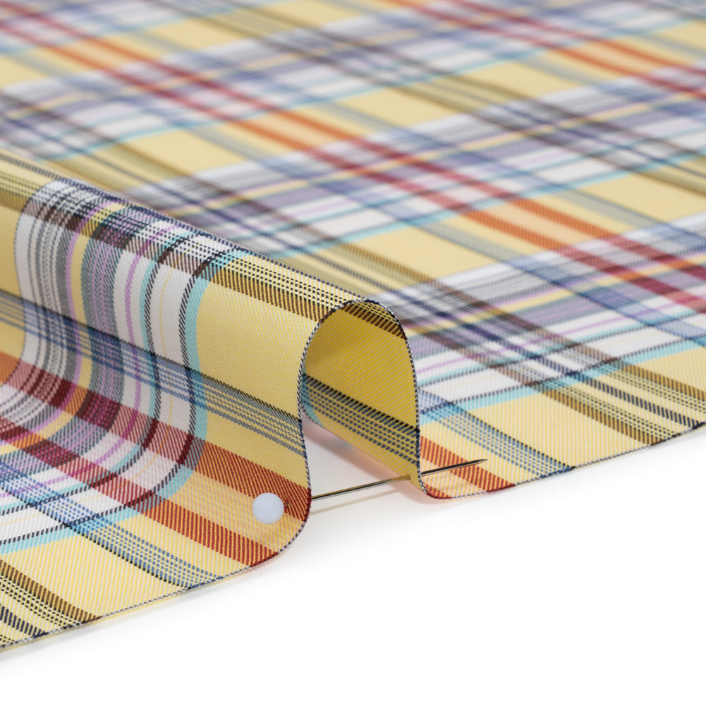 Cotton Twill Shirting - Butter Yellow, Brown and Blue Plaid - Deadstock