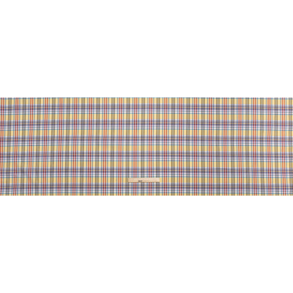 Cotton Twill Shirting - Butter Yellow, Brown and Blue Plaid - Deadstock