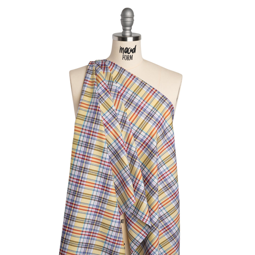Cotton Twill Shirting - Butter Yellow, Brown and Blue Plaid - Deadstock
