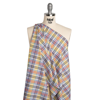 Cotton Twill Shirting - Butter Yellow, Brown and Blue Plaid - Deadstock