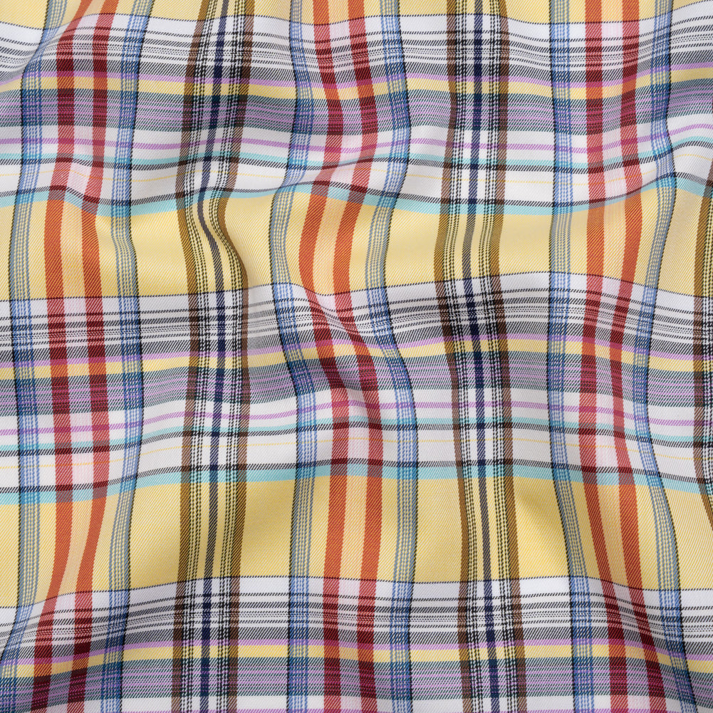 Cotton Twill Shirting - Butter Yellow, Brown and Blue Plaid - Deadstock