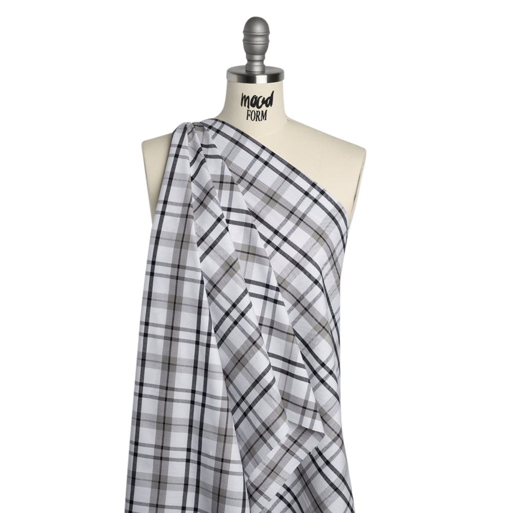 Cotton Oxford Shirting - Dark Navy, Gray and White Plaid - Deadstock - Drape