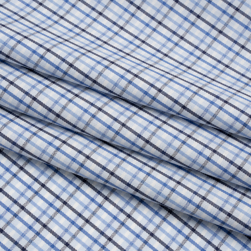 Cotton Herringbone Twill Shirting - Blue, Navy and White Plaid - Deadstock - Folded