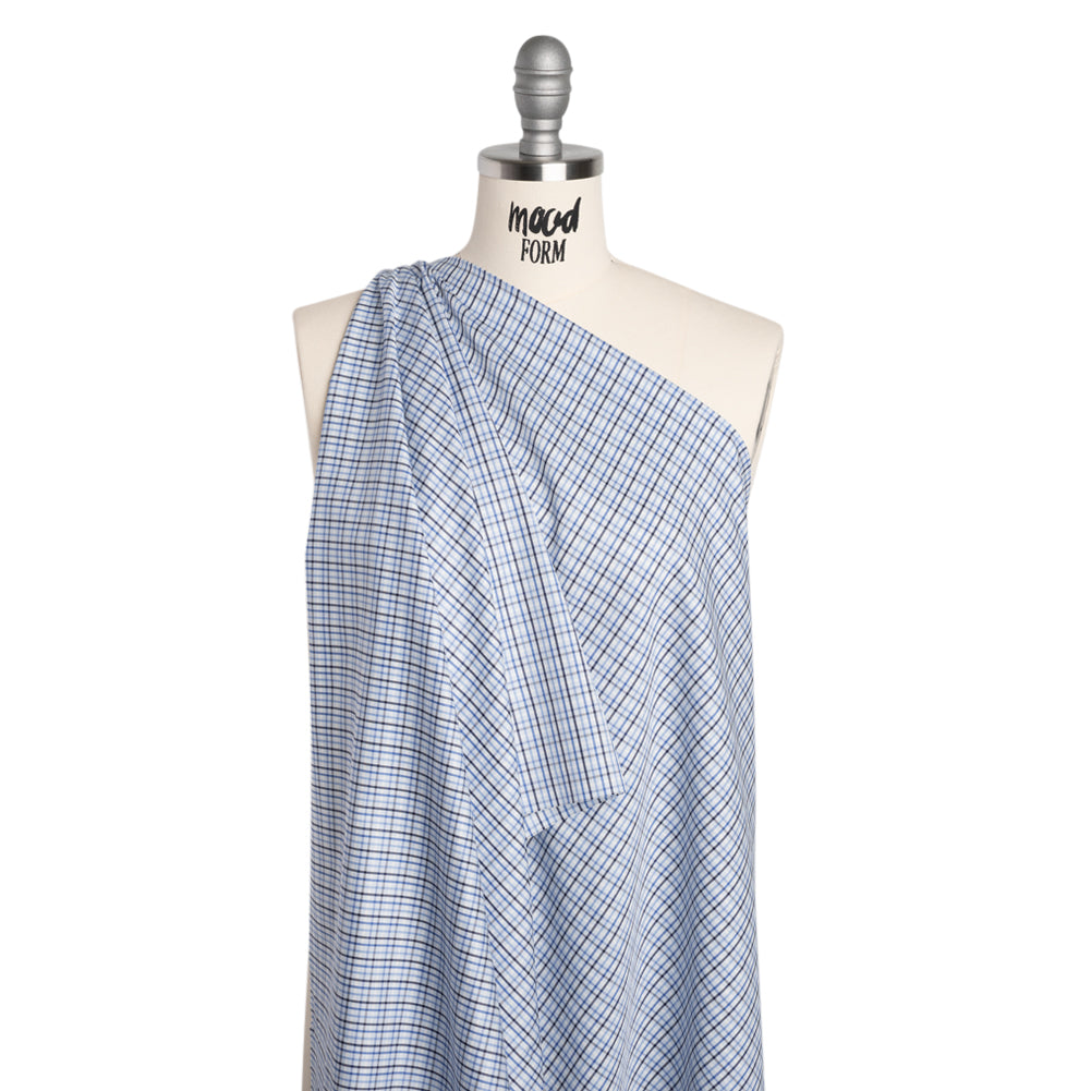Cotton Herringbone Twill Shirting - Blue, Navy and White Plaid - Deadstock - Drape