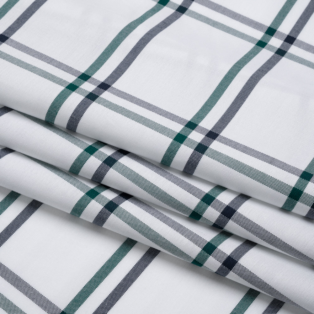 Cotton Oxford Shirting - Dark Green, Navy and White Plaid - Deadstock - Folded