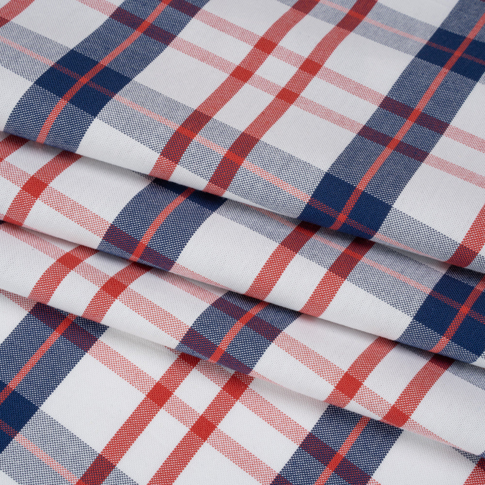 Cotton Oxford Shirting - Red, Navy Blue and White Plaid - Deadstock - Folded