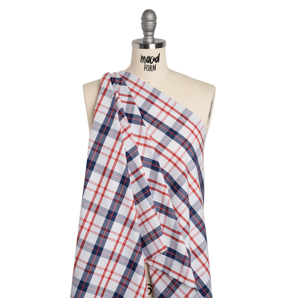 Cotton Oxford Shirting - Red, Navy Blue and White Plaid - Deadstock - Drape