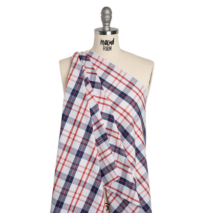 Cotton Oxford Shirting - Red, Navy Blue and White Plaid - Deadstock