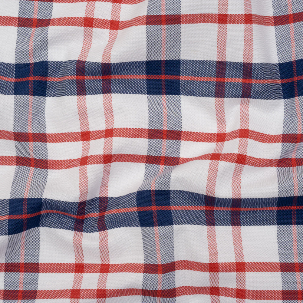 Cotton Oxford Shirting - Red, Navy Blue and White Plaid - Deadstock