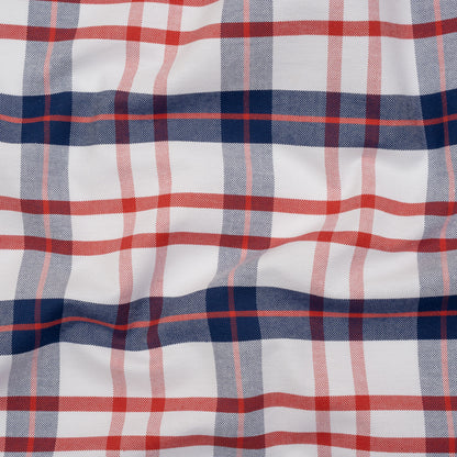 Cotton Oxford Shirting - Red, Navy Blue and White Plaid - Deadstock