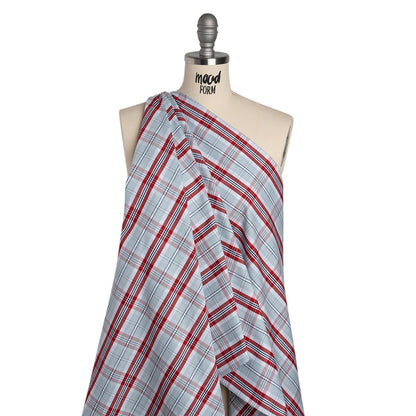 Cotton Oxford Shirting - Sky Blue, Red and White Plaid - Deadstock
