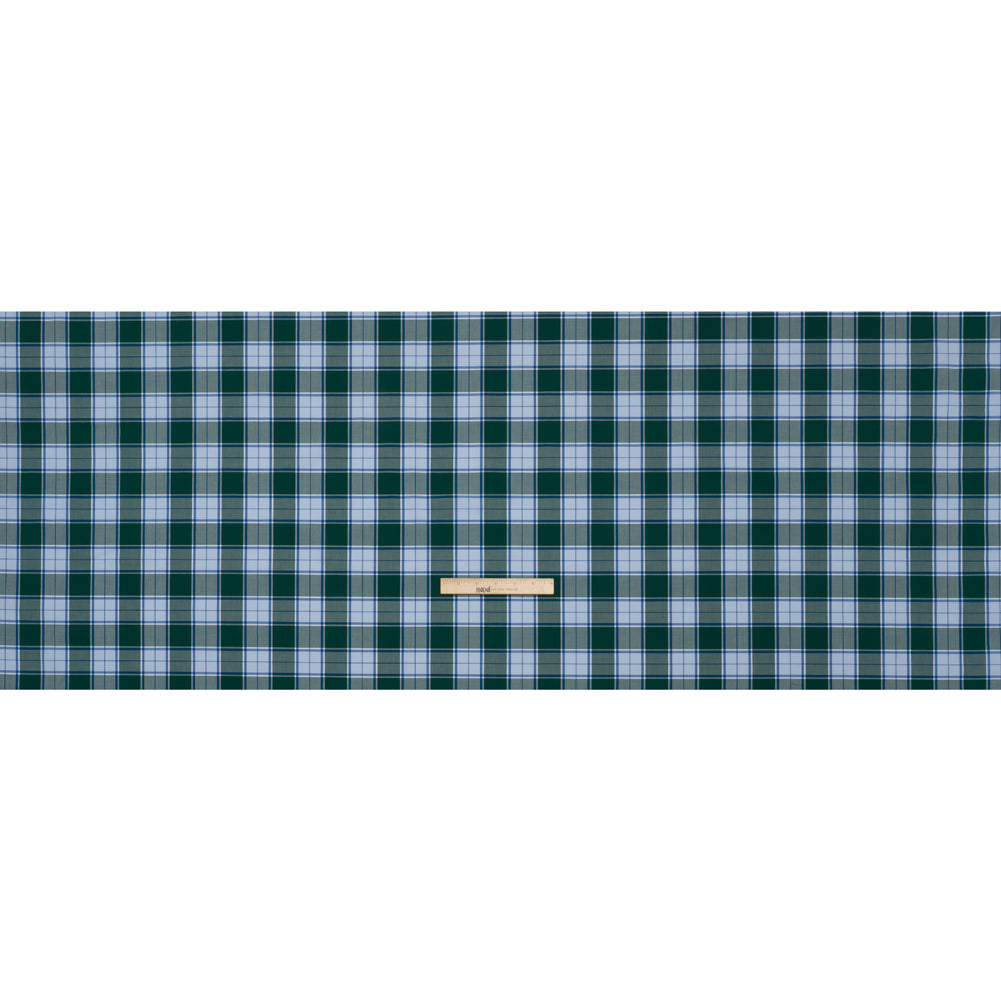 Cotton Shirting - Forest Green and Sky Blue Plaid - Designer Deadstock