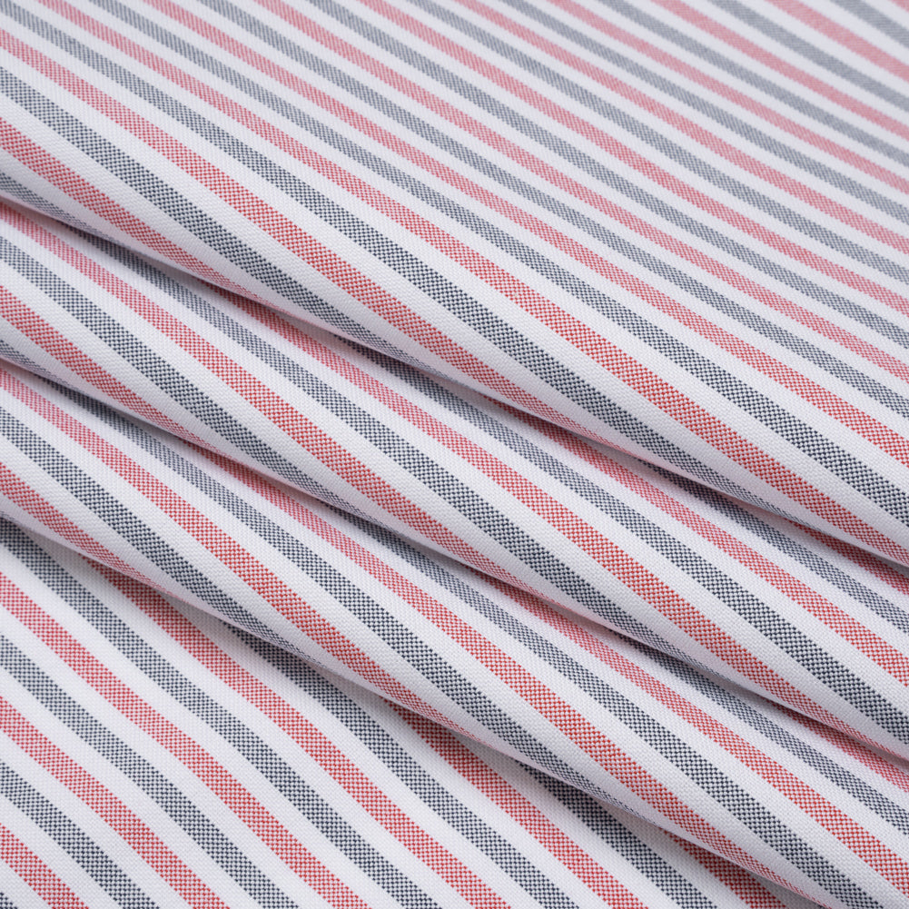 Cotton Oxford Shirting - Navy Blue, Red and White Candy Stripes - Deadstock