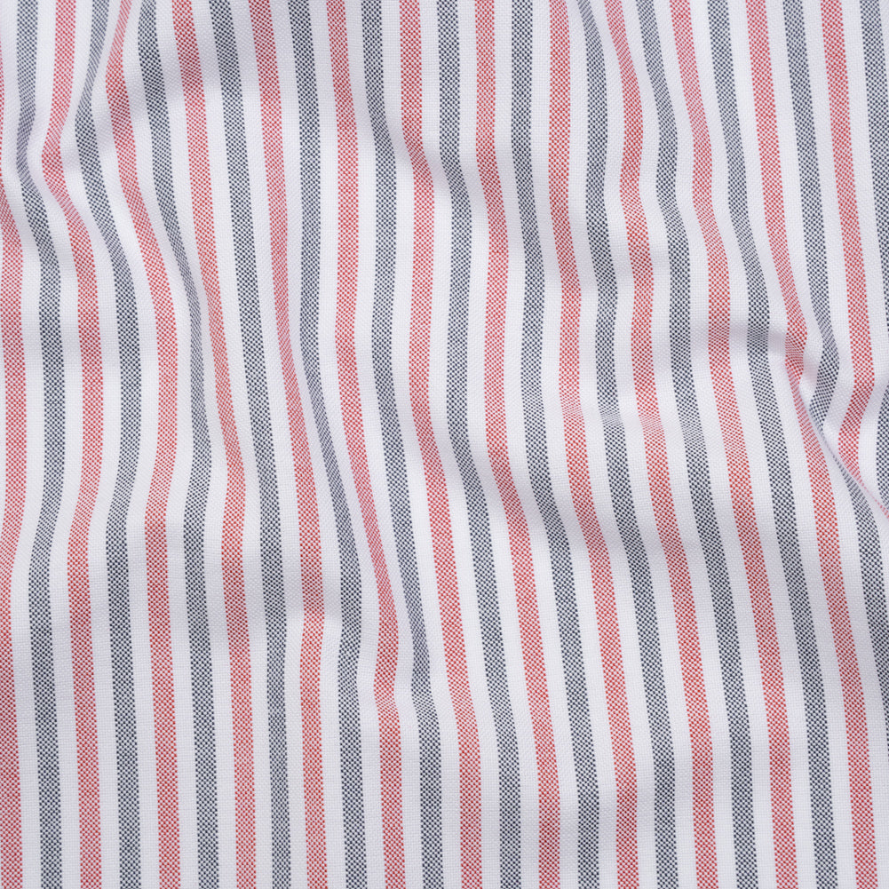 Cotton Oxford Shirting - Navy Blue, Red and White Candy Stripes - Deadstock