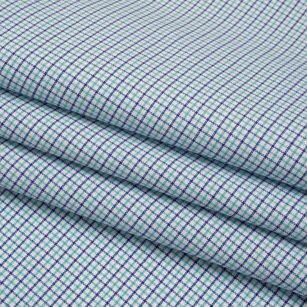 Cotton Oxford Shirting - Navy Blue, Sea Green and White Tattersall Check - Deadstock - Folded