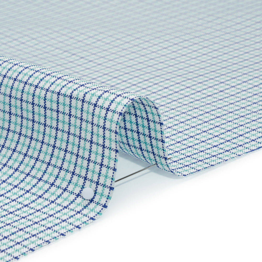 Cotton Oxford Shirting - Navy Blue, Sea Green and White Tattersall Check - Deadstock - Detail