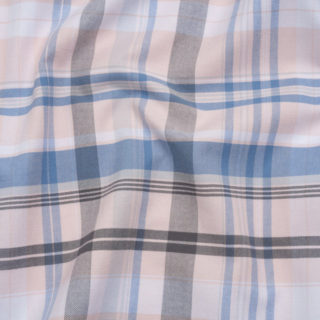Cotton Oxford Shirting - Pink, Sky Blue and Charcoal Plaid - Deadstock