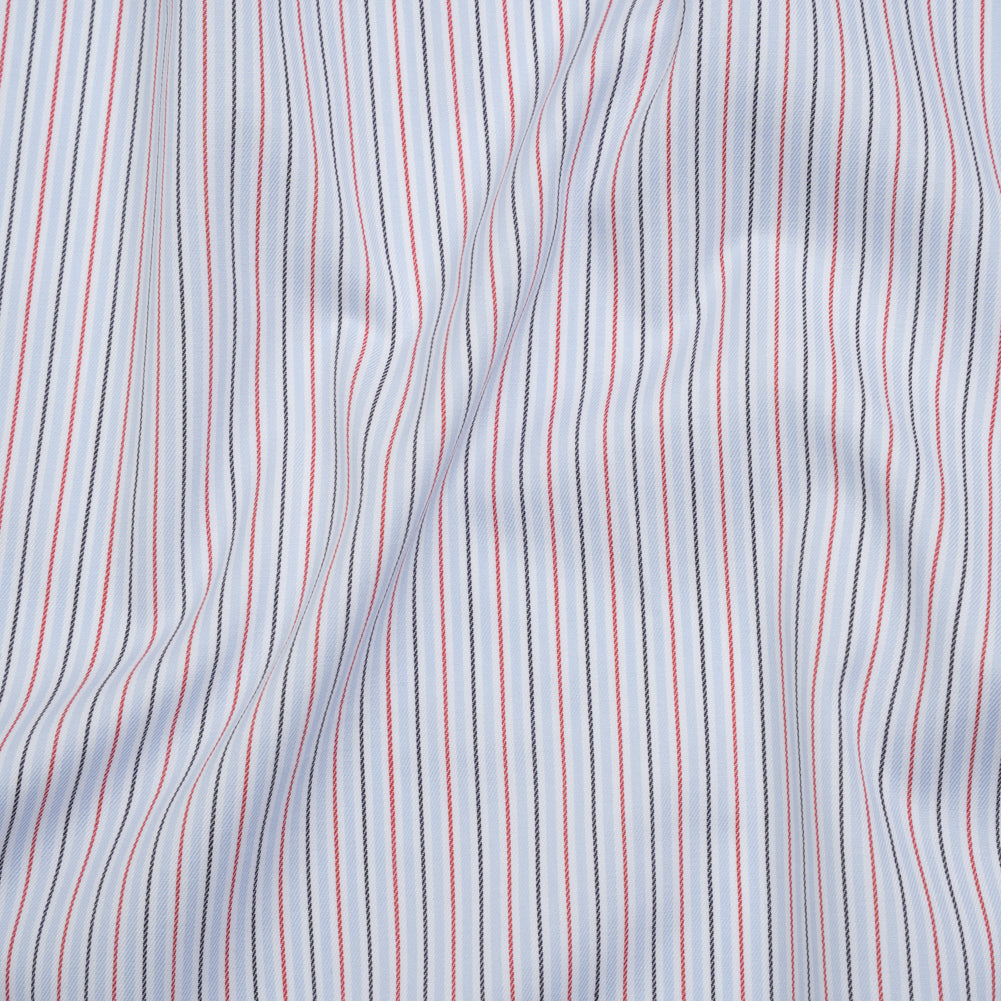 Cotton Twill Shirting - Baby Blue, Red and Black Stripes - Deadstock