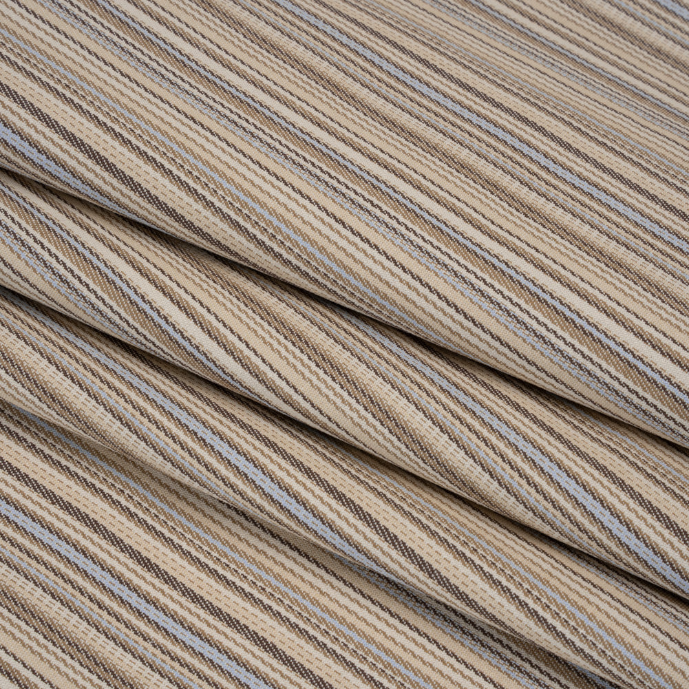Stretch Cotton Twill - Tan, Light Blue and Dark Brown Barcode Stripes - Deadstock - Folded