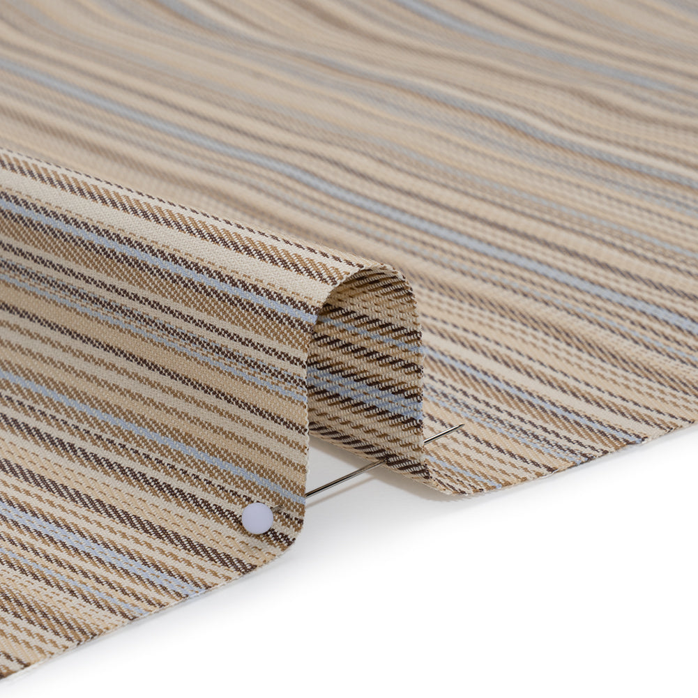 Stretch Cotton Twill - Tan, Light Blue and Dark Brown Barcode Stripes - Deadstock - Detail
