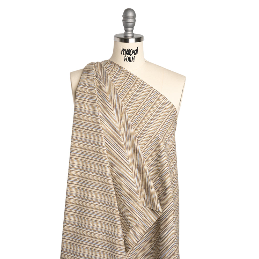Stretch Cotton Twill - Tan, Light Blue and Dark Brown Barcode Stripes - Deadstock - Drape