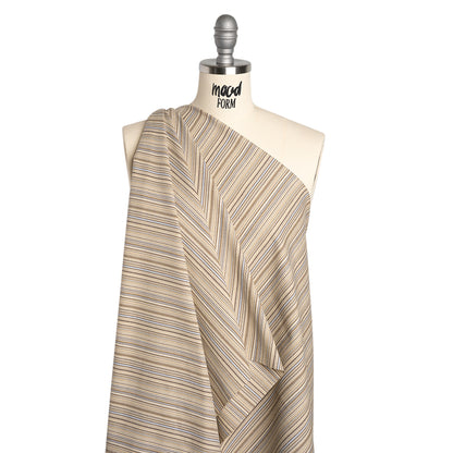 Stretch Cotton Twill - Tan, Light Blue and Dark Brown Barcode Stripes - Deadstock