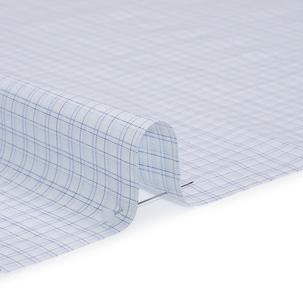 Cotton Shirting - Navy, Light Blue and White Fine Line Plaid - Deadstock - Detail