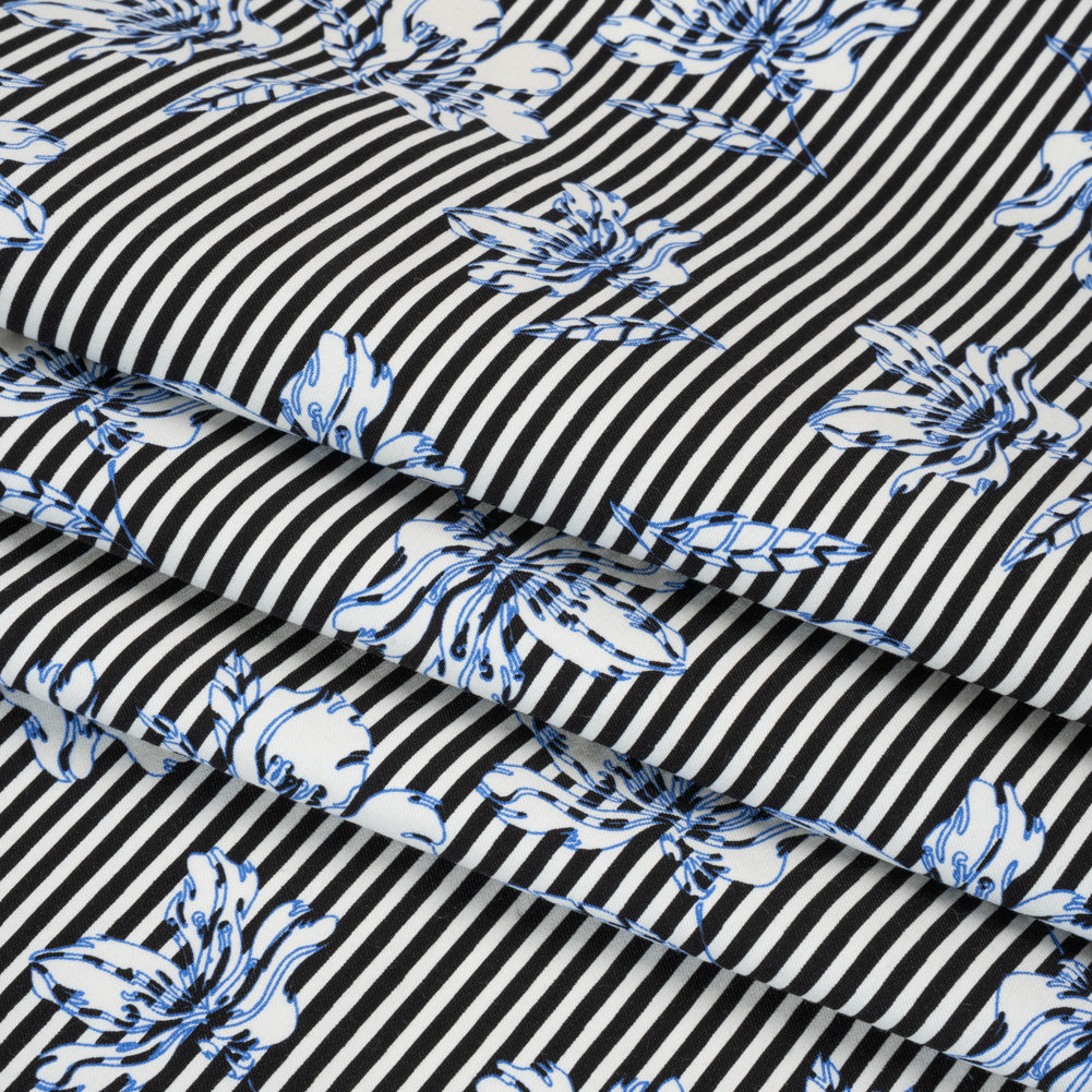 Stretch Rayon and Polyester Twill - Black, White and Blue Flowers over Stripes - Deadstock - Folded
