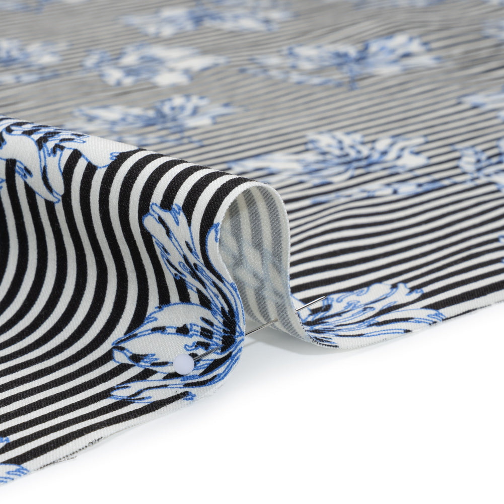 Stretch Rayon and Polyester Twill - Black, White and Blue Flowers over Stripes - Deadstock - Detail