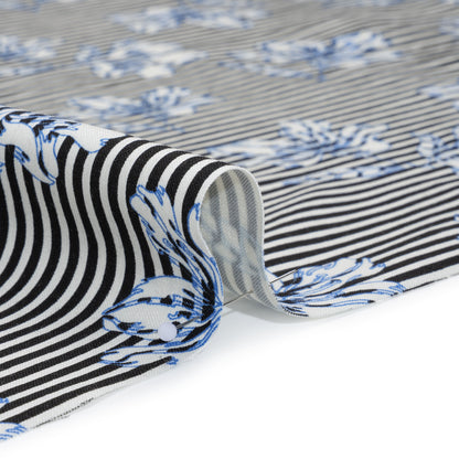 Stretch Rayon and Polyester Twill - Black, White and Blue Flowers over Stripes - Deadstock