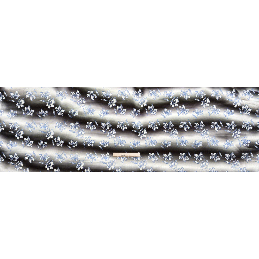 Stretch Rayon and Polyester Twill - Black, White and Blue Flowers over Stripes - Deadstock - Full