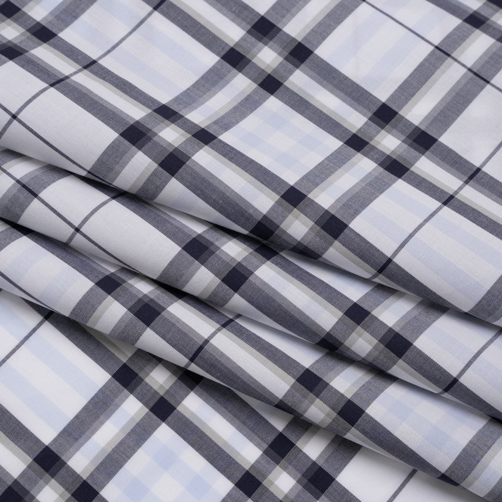 Cotton Shirting - Midnight Navy, Greige and White Plaid - Deadstock - Folded