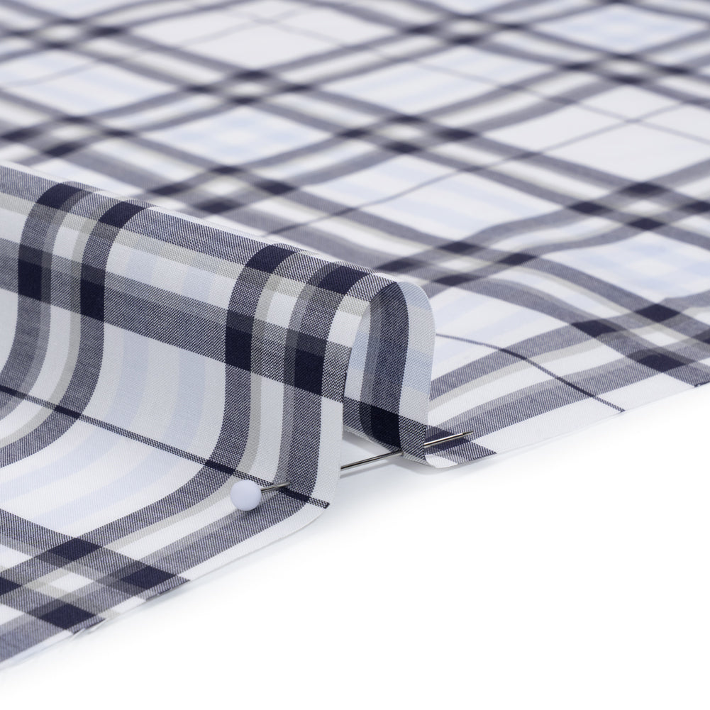 Cotton Shirting - Midnight Navy, Greige and White Plaid - Deadstock - Detail