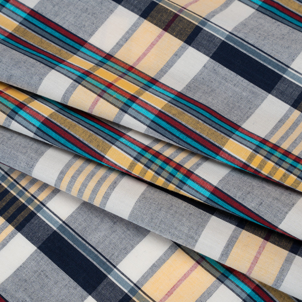 Cotton Shirting - Navy Blue, Yellow and Red Plaid - Deadstock - Folded