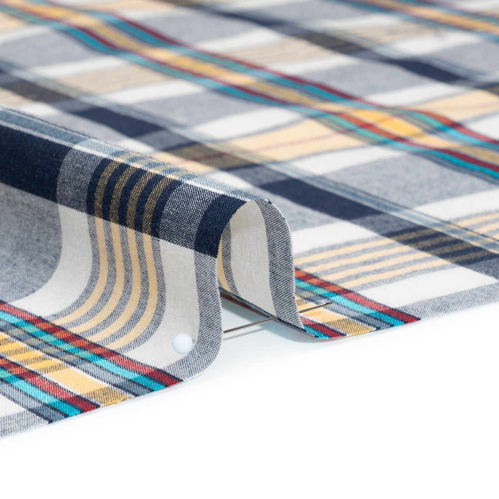 Cotton Shirting - Navy Blue, Yellow and Red Plaid - Deadstock - Detail