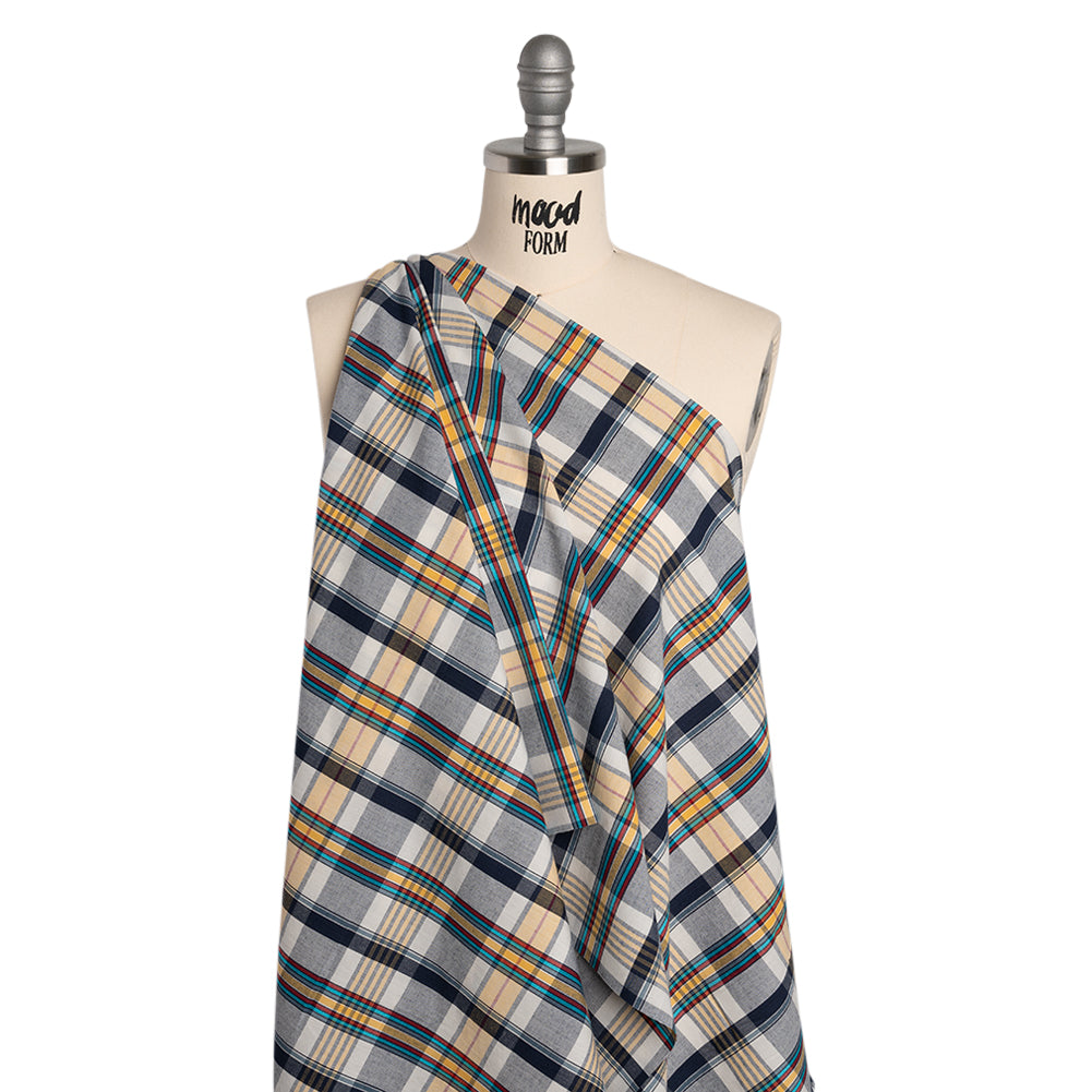 Cotton Shirting - Navy Blue, Yellow and Red Plaid - Deadstock - Drape